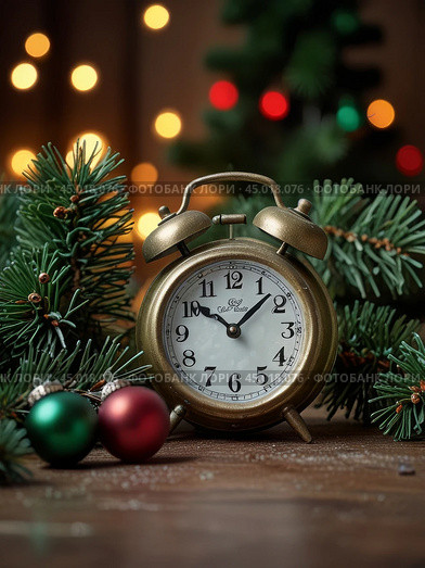 The clock is counting down the last moment of the outgoing old year. There is little time left until the New Year. Is everything ready to celebrate the New Year? Стоковое AI-изображение, AI-художник Сергей Елизарьев / Фотобанк Лори