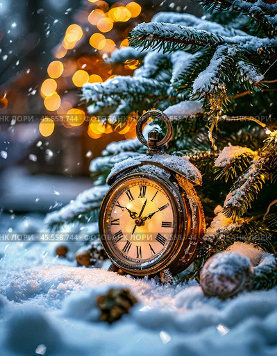 The clock is counting down the last moment of the outgoing old year. Festive New Year atmosphere. New Year card. Стоковое фото, фотограф Сергей Елизарьев / Фотобанк Лори