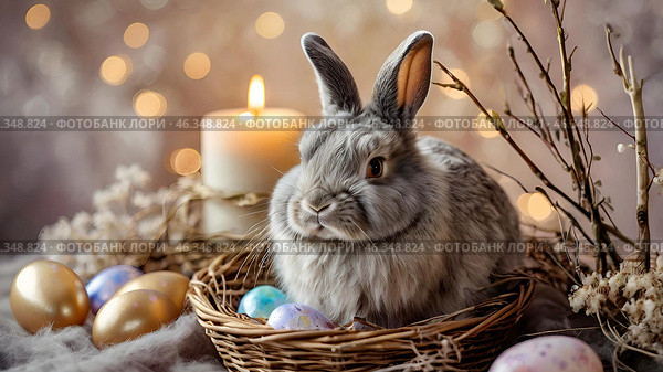 The concept of a bright Easter holiday. Delicate Easter mother-of-pearl eggs in a basket, a rabbit and delicate flowers on a pastel watercolor background. Стоковое AI-изображение, AI-художник Photojuli / Фотобанк Лори