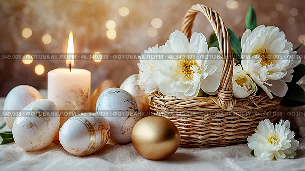 The concept of a bright Easter holiday. Delicate Easter eggs in a mother-of-pearl basket, and delicate flowers on a pastel-watercolor background. Стоковое AI-изображение, AI-художник Photojuli / Фотобанк Лори
