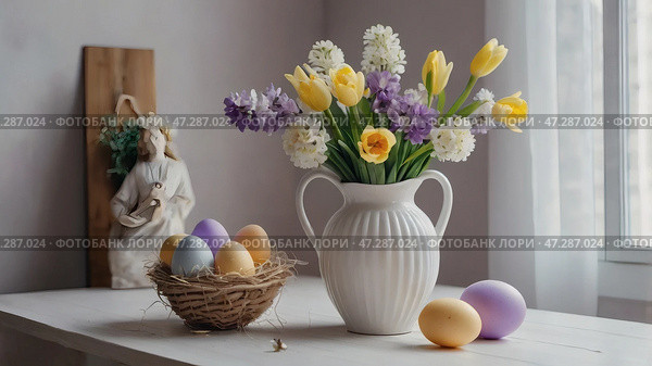 The concept of a bright Easter holiday. Retro home interior with Easter decor. Spring flowers in a white vase and Easter eggs in pastel shades. Стоковое AI-изображение, AI-художник Photojuli / Фотобанк Лори