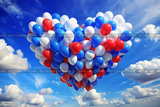 The concept of celebrating Russia Day on June 12. Balloons in the shape of a heart in the colors of the tricolor of Russia. White, blue, red balls fly away into the blue sky. Стоковое AI-изображение, AI-художник Photojuli / Фотобанк Лори
