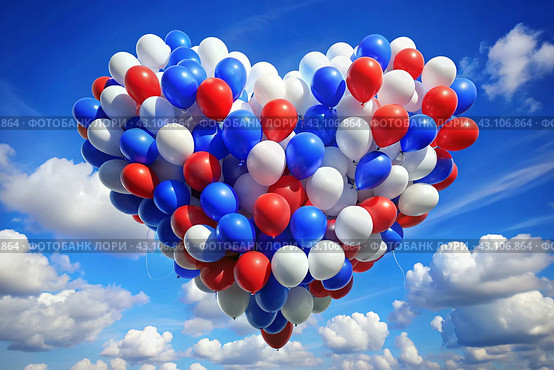 The concept of celebrating Russia Day on June 12. Balloons in the shape of a heart in the colors of the tricolor of Russia. White, blue, red balls fly away into the blue sky. Стоковое AI-изображение, AI-художник Photojuli / Фотобанк Лори