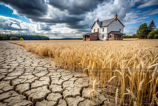 The concept of global warming on planet Earth. Dry and cracked earth and a field of wheat. The farmer's wheat crop is dead, dead, withered. The effects of climate change. Стоковое AI-изображение, AI-художник Photojuli / Фотобанк Лори