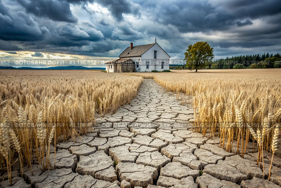 The concept of global warming on planet Earth. Dry and cracked earth and a field of wheat. The farmer's wheat crop is dead, dead, withered. The effects of climate change. Стоковое AI-изображение, AI-художник Photojuli / Фотобанк Лори