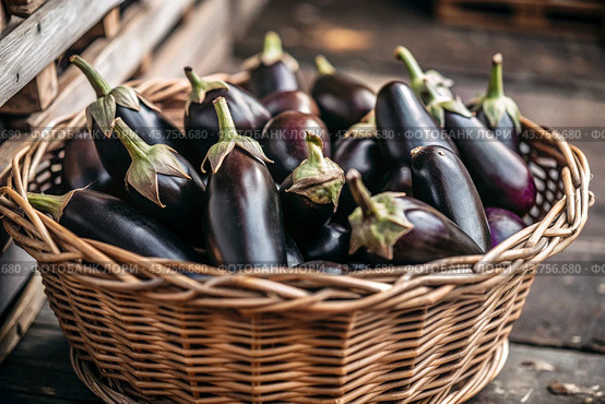 The concept of growing food. Fresh organic eggplant at the farmer's market. A rich harvest of eggplants in a wicker basket. Стоковое AI-изображение, AI-художник Photojuli / Фотобанк Лори