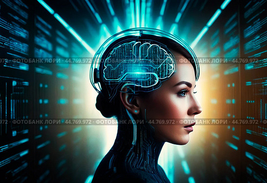 The concept of high technology development, artificial intelligence, super brain, robotics development,The concept of high technology development, artificial intelligence, super brain, robotics development,The concept of high technology development, artificial intelligence, super brain, robotics development,Концепция развития высоких технологий,исскуственный интелект,супер мозг,развитие робототехники. Стоковое AI-изображение, AI-художник Миронов Павел / Фотобанк Лори