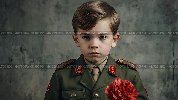 The concept of the May 9th holiday. Portrait of a handsome boy in khaki clothes with red carnation flowers. Celebration of Victory Day 1941-1945. Стоковое AI-изображение, AI-художник Photojuli / Фотобанк Лори