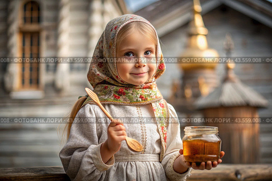 The concept of the Russian Orthodox holiday Honey Savior. A beautiful little girl in Russian national clothes and a scarf with a jar of honey on the background of an Orthodox church. Стоковое AI-изображение, AI-художник Photojuli / Фотобанк Лори