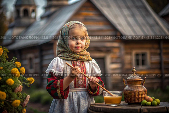 The concept of the Russian Orthodox holiday Honey Savior. A beautiful little girl in Russian national clothes and a scarf with a jar of honey on the background of an Orthodox church. Стоковое AI-изображение, AI-художник Photojuli / Фотобанк Лори