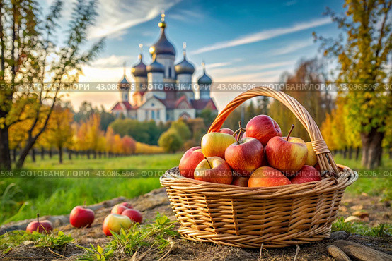 The concept of the Russian Orthodox holiday yablochny spas. A beautiful wicker basket made of vines with red ripe apples on the background of an Orthodox church. Стоковое AI-изображение, AI-художник Photojuli / Фотобанк Лори