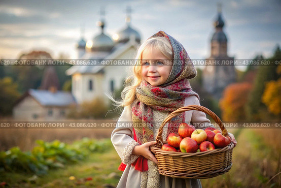 The concept of the Russian Orthodox holiday yablochny spas. A beautiful little girl in Russian national clothes and a headscarf with a basket of red ripe apples on the background of an Orthodox church. Стоковое AI-изображение, AI-художник Photojuli / Фотобанк Лори