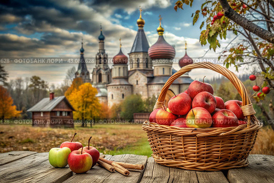 The concept of the Russian Orthodox holiday yablochny spas. A beautiful wicker basket made of vines with red ripe apples on the background of an Orthodox church. Стоковое AI-изображение, AI-художник Photojuli / Фотобанк Лори