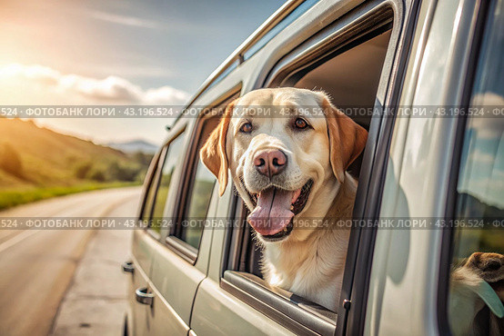 The concept of traveling with animals. A dog sticks its head out of the window of a car, a tourist van during a trip on a hot sunny day. Стоковое AI-изображение, AI-художник Photojuli / Фотобанк Лори