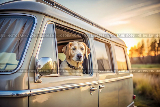 The concept of traveling with animals. A dog sticks its head out of the window of a car, a tourist van during a trip on a hot sunny day. Стоковое AI-изображение, AI-художник Photojuli / Фотобанк Лори