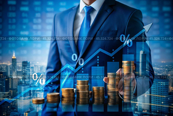 The concept of value growth in real estate, energy efficiency rating. Real estate online on virtual screens. New family housing, apartment purchase, house search, land price, real estate tax. Стоковое AI-изображение, AI-художник Photojuli / Фотобанк Лори