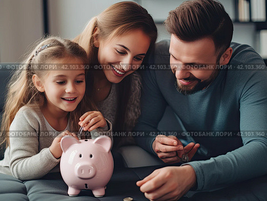 The daughter and her parents are playing piggy bank. The basics of financial literacy. Стоковое AI-изображение, AI-художник Ярославский Максим / Фотобанк Лори