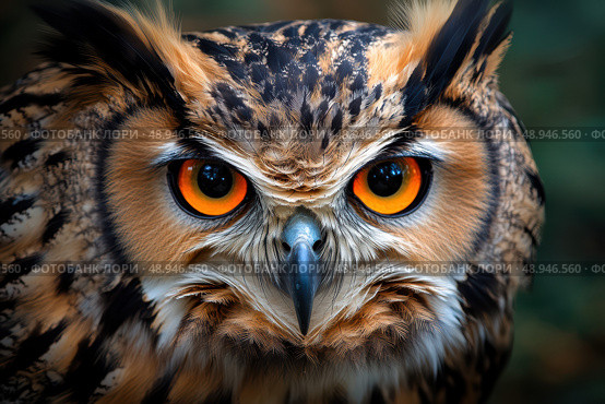 The eagle owl's face is a blend of bold orange eyes and feathery tufts, creating a striking visual. Its deep black pupils and intense gaze make this bird a captivating symbol of the wild. Стоковое AI-изображение, AI-художник Nart / Фотобанк Лори