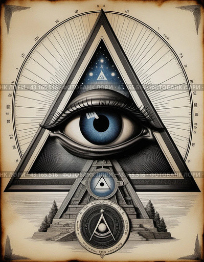 The Eye of Providence or All-Seeing Eye. Symbol depicting an eye, enclosed in triangle and surrounded by ray of light or halo, intended to represent Providence, eye watches over workers of mankind. AI. Стоковое AI-изображение, AI-художник Юлия Петровская / Фотобанк Лори