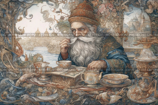 The fairytale-style illustration depicts a wise old man with a long gray beard, sitting at a table with a book, a tea set, and alchemical instruments. He is deep in thought, as if studying ancient manuscripts. The interior is richly decorated with patterns, flowers, and fantastic details. Behind him, you can see magical towers, domes, and a mythical landscape. The atmosphere is one of magic, ancient knowledge, and Russian fairytale tradition. Стоковое AI-изображение, AI-художник Анна Кривицкая / Фотобанк Лори
