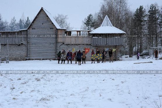 The festival is a historical reconstruction of the Viking Age in winter. Vikings attack with shields and helmets (2014 год). Редакционное фото, фотограф Анна Кривицкая / Фотобанк Лори