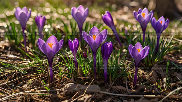 The first spring flowers. Purple crocuses (lat. Crocus) close-up in the morning sunlight. Стоковое AI-изображение, AI-художник Photojuli / Фотобанк Лори