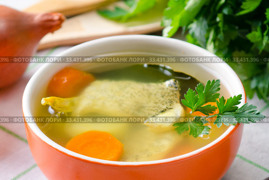 The fish soup served on the table in plate. Стоковое фото, фотограф Elnur / Фотобанк Лори