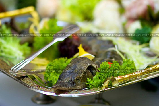 The food in the restaurant fish sturgeon on the tray. Стоковое фото, фотограф Наталия Кирсанова / Фотобанк Лори