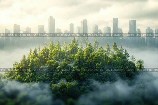 The foreground shows a dense forest with tall trees, covered in a light fog. In the background, a modern cityscape rises with high-rise buildings, barely visible through the veil of fog. The contrast between nature and urbanization emphasizes the theme of ecological harmony and balance between man and nature. The light is soft, with a subdued sun shine, adding calm and tranquility to the image. Стоковое AI-изображение, AI-художник Анна Кривицкая / Фотобанк Лори