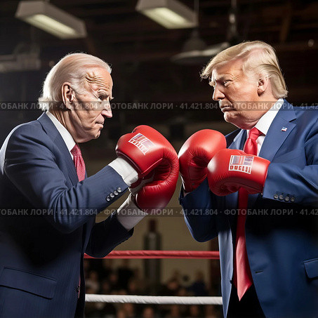 The former and current US presidents squared off in the ring. Trump and Biden, US presidential election 2024. Редакционное AI-изображение, AI-художник Сергей Елизарьев / Фотобанк Лори