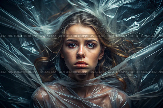 The girl is wrapped in cellophane or a bag. The girl is suffocating. Plastic pollution of the planet. Environmental hazard. Reducing the reuse of plastic. Recycling. The concept of garbage. Стоковое AI-изображение, AI-художник Photojuli / Фотобанк Лори