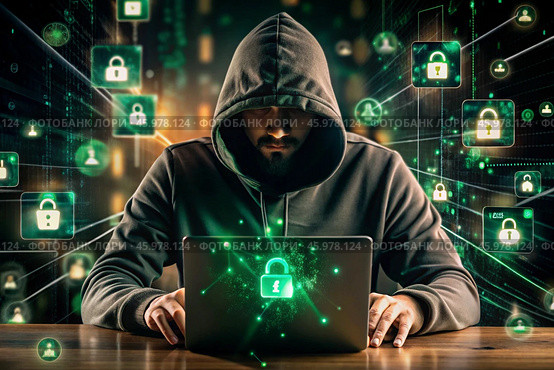 The hacker is working on a laptop, digital codes on a virtual background. Hacking and protecting online data. Digital technologies, software development. Стоковое AI-изображение, AI-художник Photojuli / Фотобанк Лори