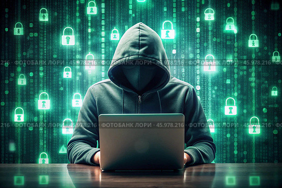 The hacker is working on a laptop, digital codes on a virtual background. Hacking and protecting online data. Digital technologies, software development. Стоковое AI-изображение, AI-художник Photojuli / Фотобанк Лори