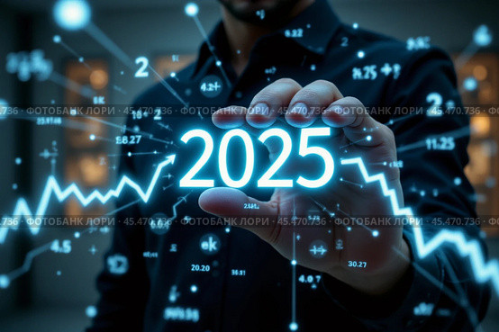 The hand of a man in a business suit shows a graph of economic growth by 2025 and its subsequent decline.  AI generative. Стоковое AI-изображение, AI-художник Роман Дзюбало / Фотобанк Лори