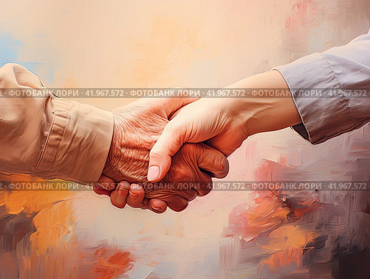 The hand of an elderly man shakes the hand of a middle-aged adult. The concept of generational unity. Стоковое AI-изображение, AI-художник Ярославский Максим / Фотобанк Лори