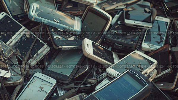 The huge number of outdated cell phones indicates the rapid spread of high-tech devices. Стоковое AI-изображение, AI-художник Ярославский Максим / Фотобанк Лори