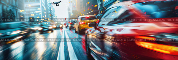The image depicts a busy city street teeming with vehicles, cyclists, and pedestrians navigating through the congestion of heavy traffic. Стоковое AI-изображение, AI-художник Данила Большаков / Фотобанк Лори