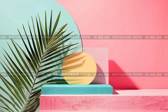 The image features vibrant geometric shapes with rich colors such as terracotta, mint, and coral. Perfect for modern design projects, architectural themes, or artistic inspiration. Space for your text. Стоковое AI-изображение, AI-художник Евгений Демидюк / Фотобанк Лори