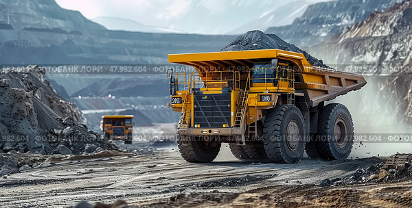 The industrial site at the openpit mine is bustling with yellow mining trucks and heavy machinery on a sunny day. Стоковое AI-изображение, AI-художник Anastasy Yarmolovich / Фотобанк Лори
