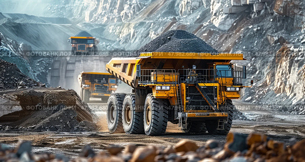 The industrial site at the openpit mine is bustling with yellow mining trucks and heavy machinery on a sunny day. Стоковое AI-изображение, AI-художник Anastasy Yarmolovich / Фотобанк Лори