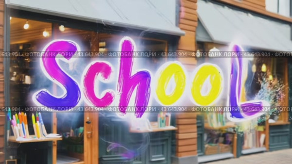 The interior of the store, full of school supplies, with letters that form the word SCHOOL, creates an atmosphere of educational inspiration. Стоковое AI-видео, аниматор Юрий Поздников / Фотобанк Лори