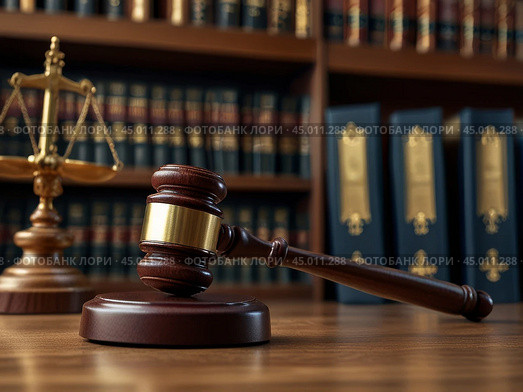 The judge's gavel lies on the table against the background of normative acts standing on the shelf. The judge's gavel is a symbol of power and the right to perform statutory actions in the position of a judge or presiding judge. Стоковое AI-изображение, AI-художник Сергей Елизарьев / Фотобанк Лори