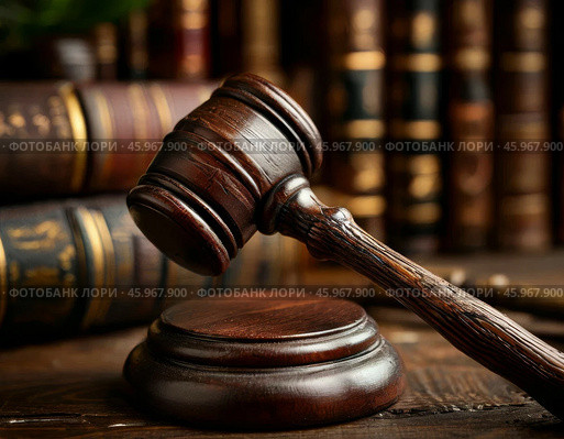 The judge's gavel lies on the table against the background of normative acts standing on the shelf. The judge's gavel is a symbol of power and the right to perform statutory actions in the position of a judge or presiding judge. Стоковое AI-изображение, AI-художник Сергей Елизарьев / Фотобанк Лори