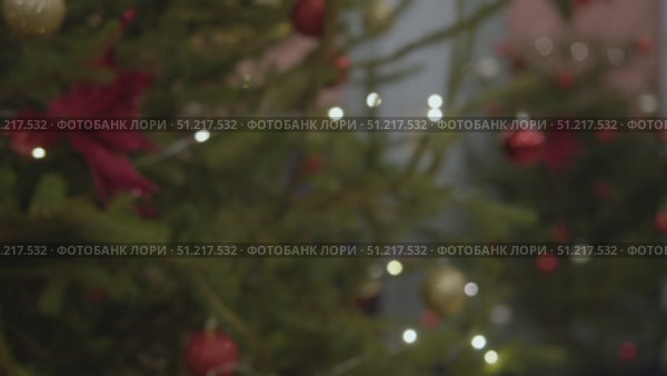 The lens focuses and the lights on the sides turn into Christmas tree lights during a festive New Year's celebration. Close up. Стоковое видео, видеограф Strunov David / Фотобанк Лори