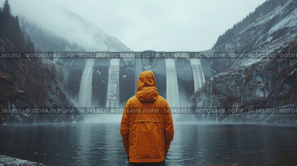 The Majestic Dam situated in the enchanting Misty Mountains A Solitary Adventurers Deep Reflection on Nature. Стоковое AI-изображение, AI-художник Anastasy Yarmolovich / Фотобанк Лори