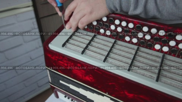 The man fasten with screws the right cover of the button accordion. Bayan repair and maintenance. Стоковое видео, видеограф Vadzim Yakubovich / Фотобанк Лори