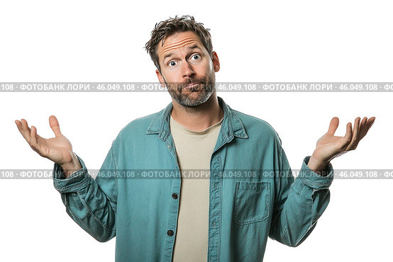 The middle-aged European shrugs his shoulders in confusion and doubt. PNG. Стоковое AI-изображение, AI-художник Ярославский Максим / Фотобанк Лори