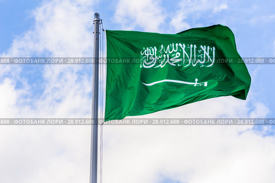 The national flag of Saudi Arabia flutters in the wind against the blue cloudy sky. Стоковое фото, фотограф Акиньшин Владимир / Фотобанк Лори