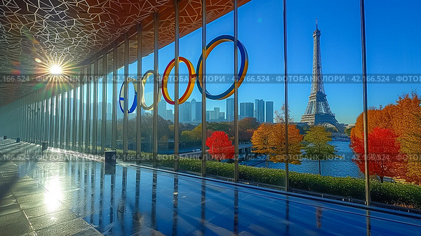 The Olympic rings and the Eiffel tower. Summer Olympic games concept. Стоковое AI-изображение, AI-художник Ирина Михайличенко / Фотобанк Лори