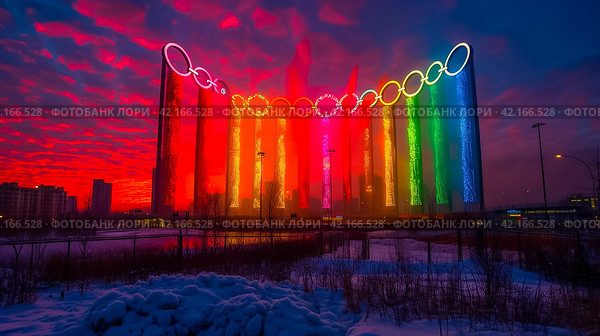 The Olympic rings on a city street. Olympic games concept. Стоковое AI-изображение, AI-художник Ирина Михайличенко / Фотобанк Лори